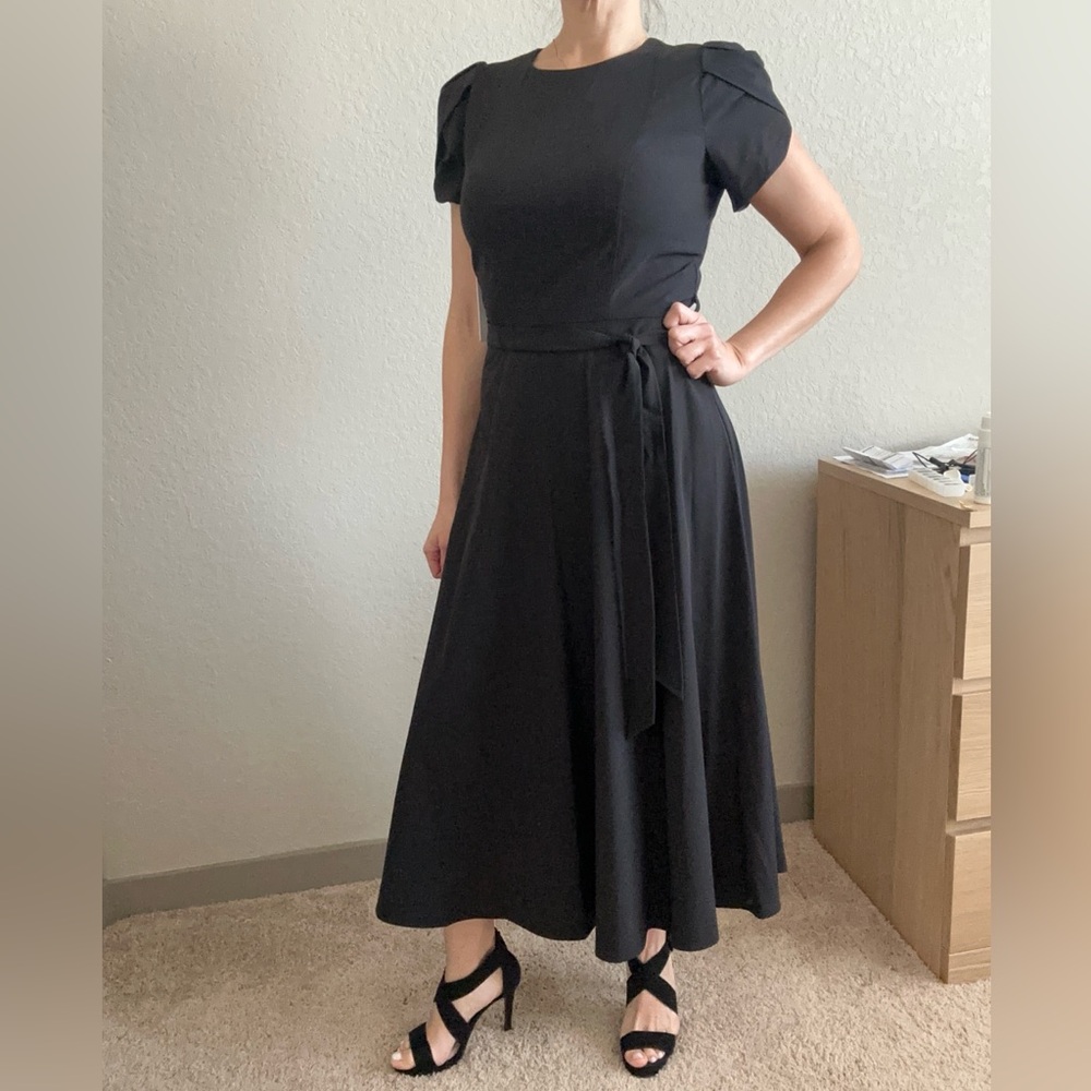 Calvin Klein Tulip Short Sleeve A-Line Midi  Dress Black dress Business casual